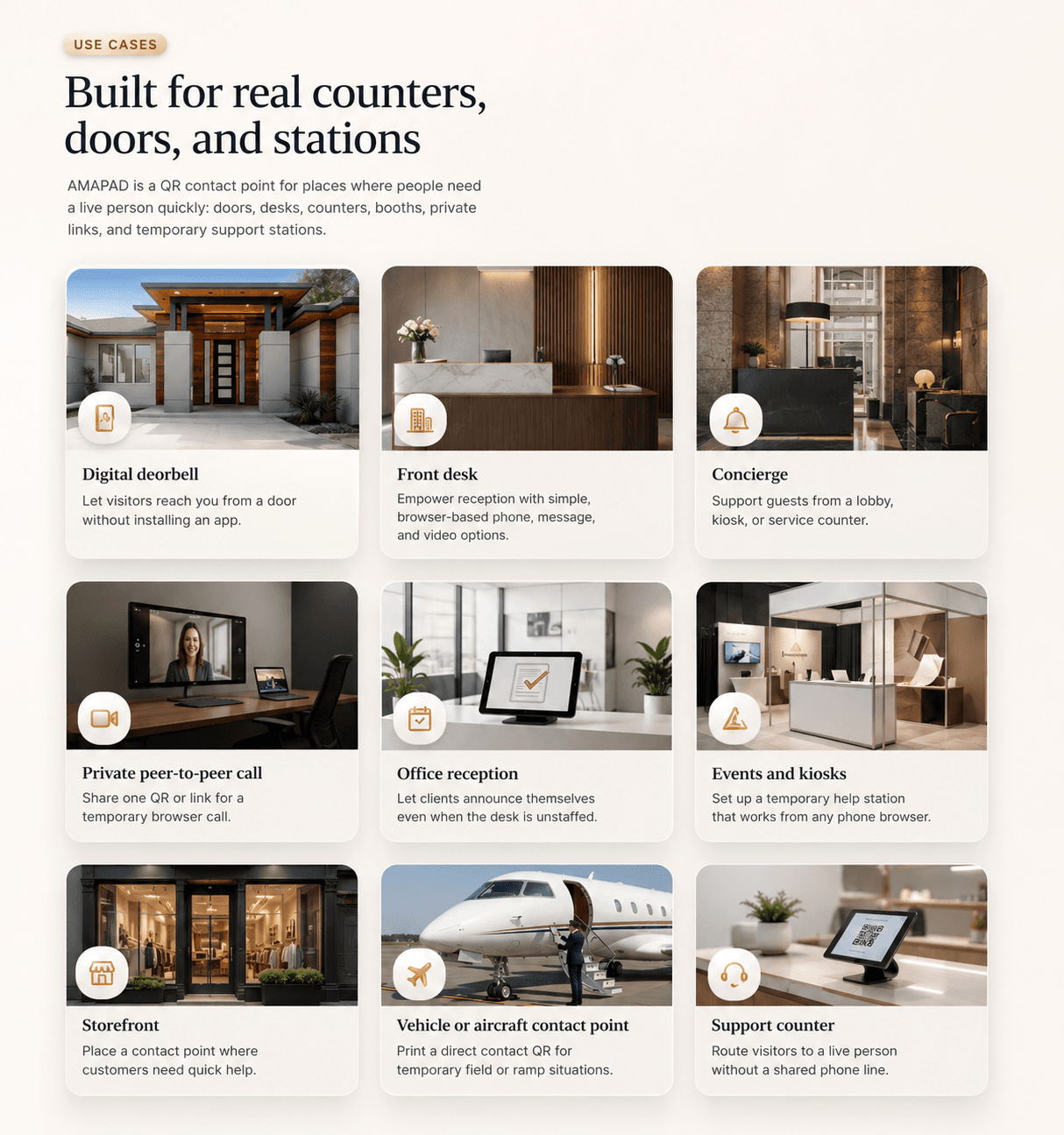AMAPAD use cases for digital doorbells, front desks, concierge stations, private peer-to-peer calls, office reception, events and kiosks, storefronts, vehicle or aircraft contact points, and support counters.
